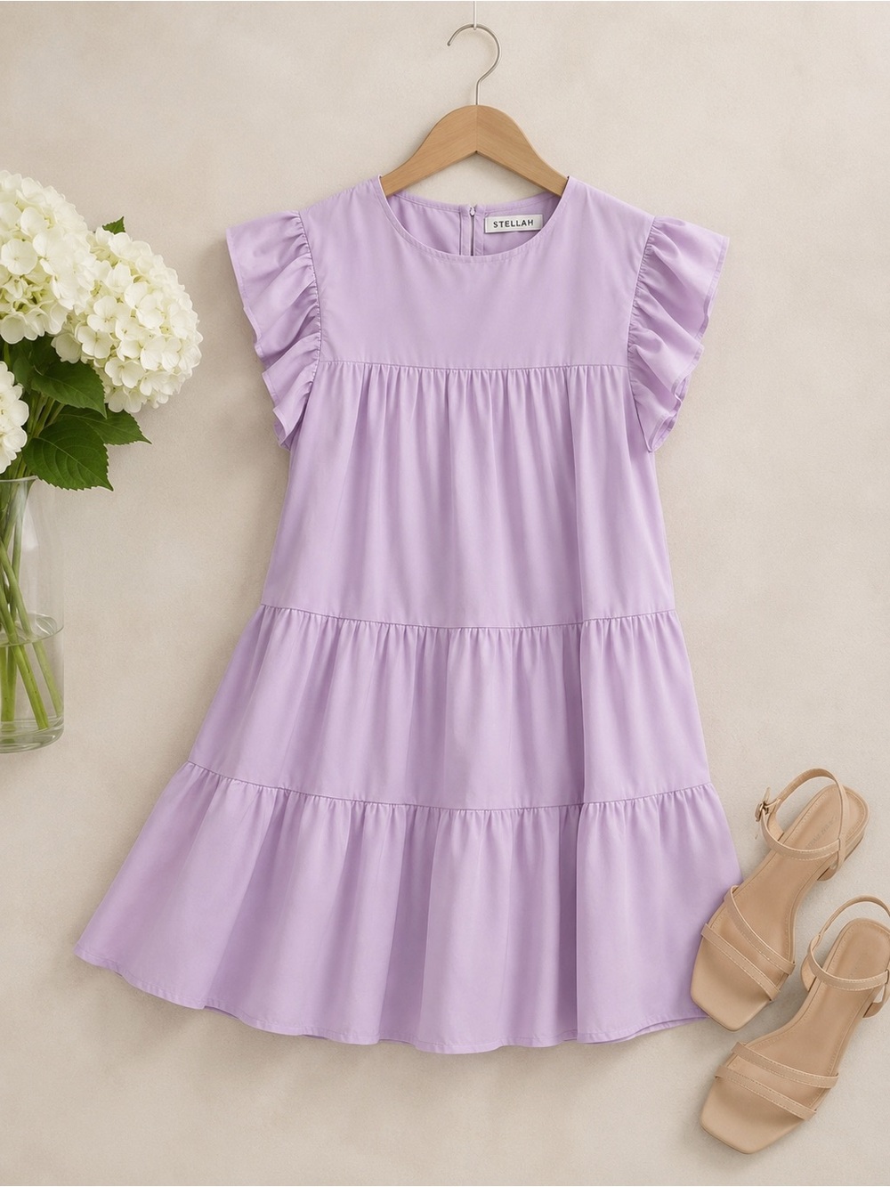 STELLAH Lilac Purple Tiered A-Line Mini Dress Flutter Sleeve